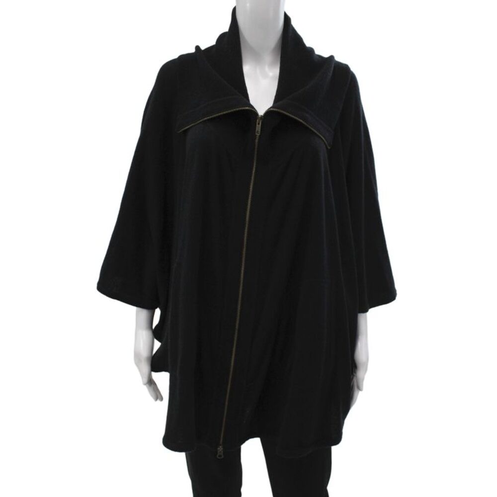 Autumn Cashmere Women Kimono Cape Black Cashmere V Neck 3/4 Sleeve Zip Size M